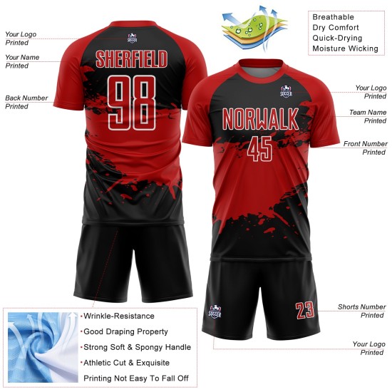 Aangepast zwart rood-wit sublimatie voetbaltenue shirt Aangepast zwart rood-wit sublimatie voetbaltenue shirt
