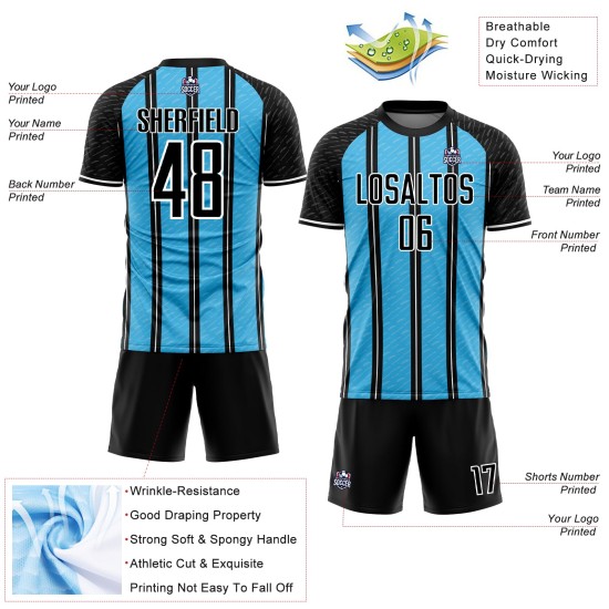 Aangepast zwart hemelsblauw-wit gesublimeerd voetbaltenue-shirt Aangepast zwart hemelsblauw-wit gesublimeerd voetbaltenue-shirt