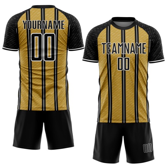 Op maat gemaakt zwart oud goud-wit lijn sublimatie voetbaltenue shirt Op maat gemaakt zwart oud goud-wit lijn sublimatie voetbaltenue shirt