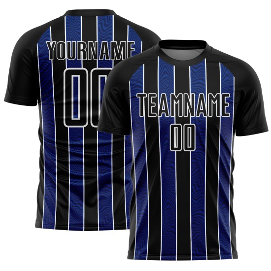 Aangepast zwart koninklijk-wit voetbaltenue sublimatieshirt Aangepast zwart koninklijk-wit voetbaltenue sublimatieshirt