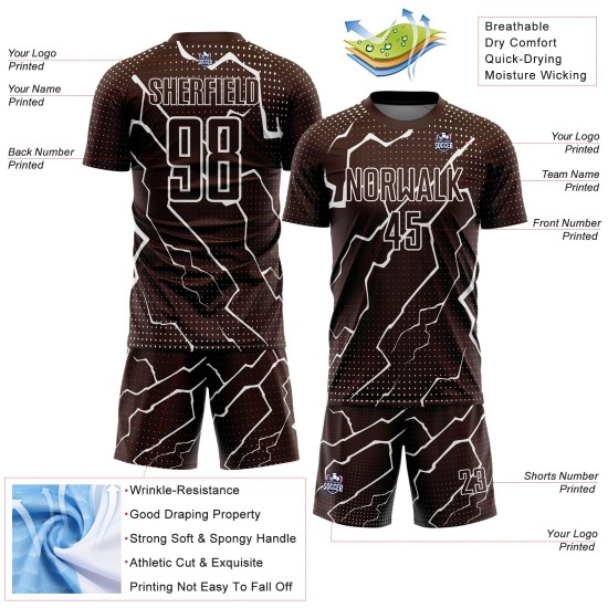 Aangepast bruin-wit bliksem sublimatie voetbaltenue shirt Aangepast bruin-wit bliksem sublimatie voetbaltenue shirt