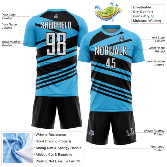 Aangepast hemelsblauw wit-zwart gesublimeerd voetbaltenue-shirt Aangepast hemelsblauw wit-zwart gesublimeerd voetbaltenue-shirt