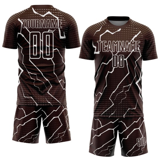 Aangepast bruin-wit bliksem sublimatie voetbaltenue shirt Aangepast bruin-wit bliksem sublimatie voetbaltenue shirt