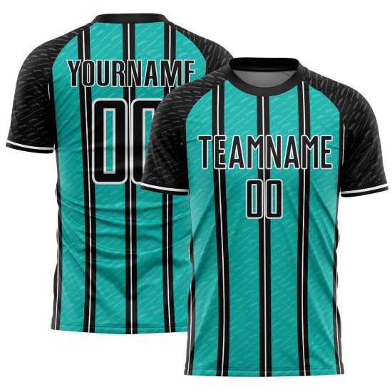 Aangepast zwart aqua-wit gesublimeerd voetbaltenue-shirt Aangepast zwart aqua-wit gesublimeerd voetbaltenue-shirt