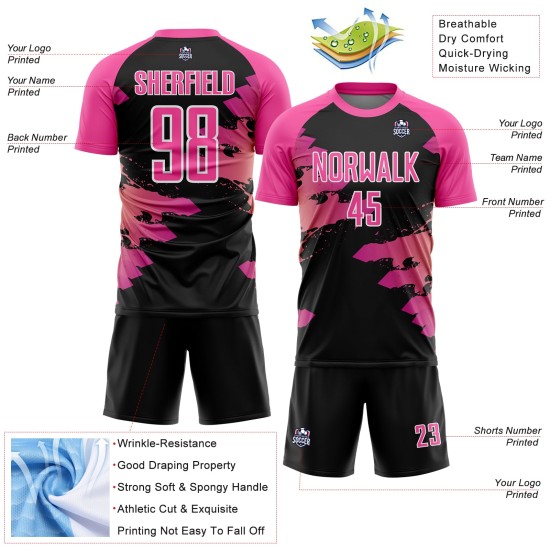 Aangepast roze zwart-wit sublimatie voetbaltenue shirt Aangepast roze zwart-wit sublimatie voetbaltenue shirt