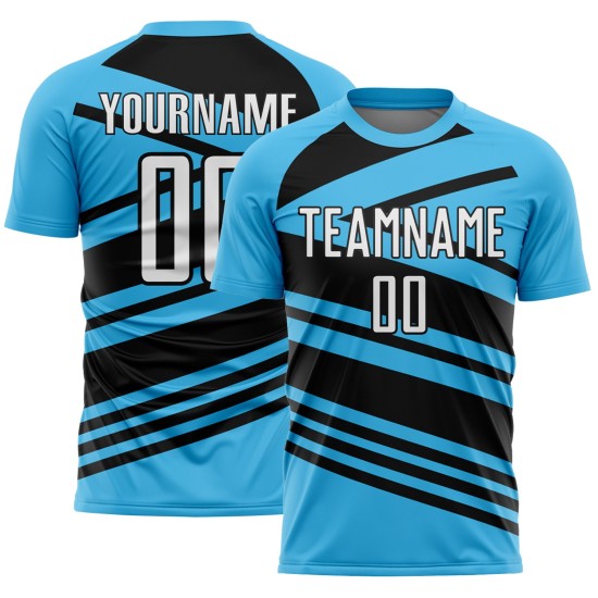 Aangepast hemelsblauw wit-zwart gesublimeerd voetbaltenue-shirt Aangepast hemelsblauw wit-zwart gesublimeerd voetbaltenue-shirt