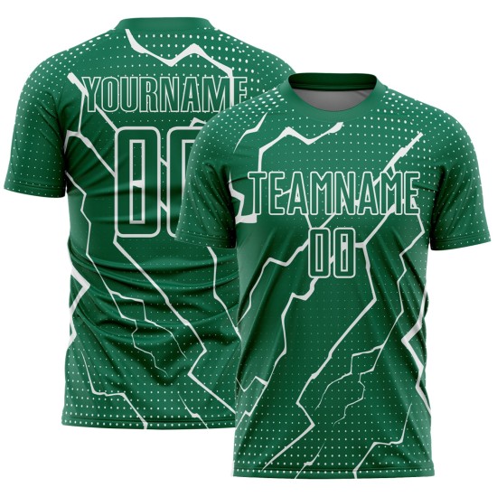 Aangepast Kelly Green White Lightning Sublimatie Voetbaltenue Jersey Aangepast Kelly Green White Lightning Sublimatie Voetbaltenue Jersey