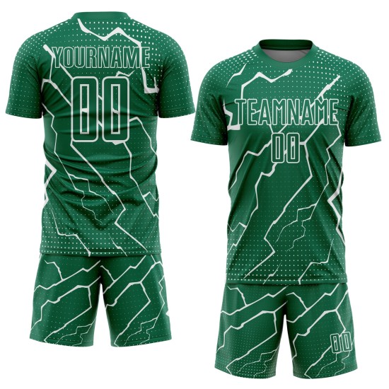Aangepast Kelly Green White Lightning Sublimatie Voetbaltenue Jersey Aangepast Kelly Green White Lightning Sublimatie Voetbaltenue Jersey