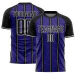 Aangepast zwart donkerpaars-wit gesublimeerd voetbaltenue-shirt Aangepast zwart donkerpaars-wit gesublimeerd voetbaltenue-shirt