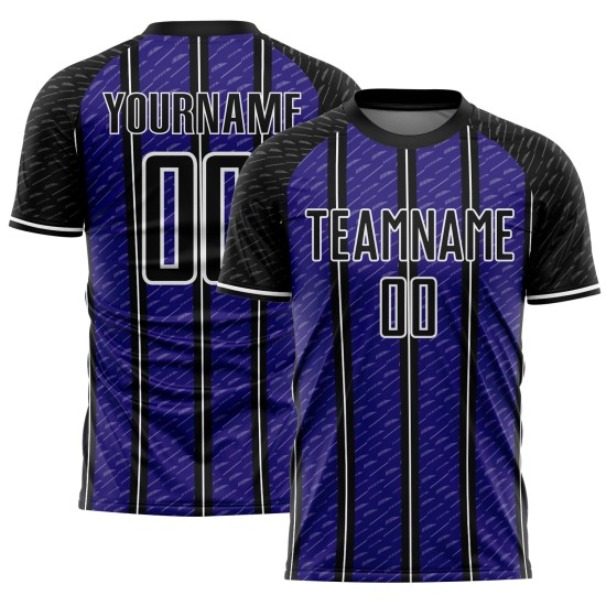Aangepast zwart donkerpaars-wit gesublimeerd voetbaltenue-shirt Aangepast zwart donkerpaars-wit gesublimeerd voetbaltenue-shirt