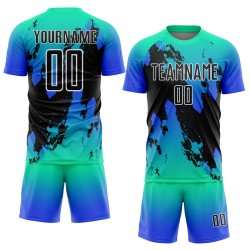 Aangepast Aqua Zwart-Donderblauw Splash Sublimatie Voetbaltenue Jersey