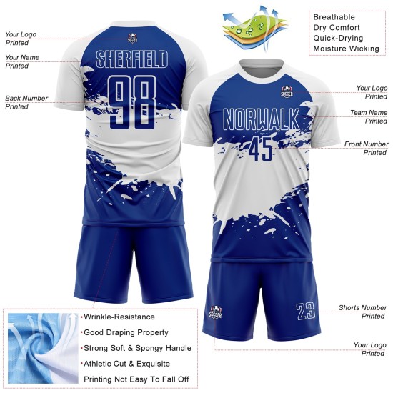 Aangepast Royal White Splash Sublimatie Voetbaltenue Jersey Aangepast Royal White Splash Sublimatie Voetbaltenue Jersey