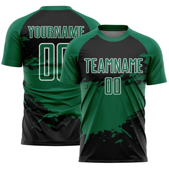 Aangepast zwart Kelly Groen-wit Splash Sublimatie Voetbaltenue Jersey Aangepast zwart Kelly Groen-wit Splash Sublimatie Voetbaltenue Jersey