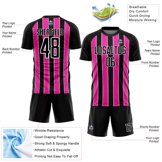 Aangepast zwart roze-wit gesublimeerd voetbaltenue-shirt Aangepast zwart roze-wit gesublimeerd voetbaltenue-shirt