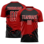 Aangepast zwart rood-wit sublimatie voetbaltenue shirt Aangepast zwart rood-wit sublimatie voetbaltenue shirt