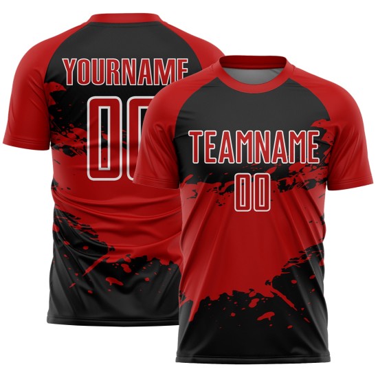 Aangepast zwart rood-wit sublimatie voetbaltenue shirt Aangepast zwart rood-wit sublimatie voetbaltenue shirt