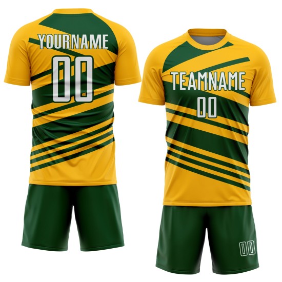 Aangepast goud-wit-groen sublimatie voetbaltenue-shirt Aangepast goud-wit-groen sublimatie voetbaltenue-shirt