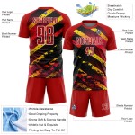 Aangepast rood goud-zwart spatten sublimatie voetbaltenue shirt Aangepast rood goud-zwart spatten sublimatie voetbaltenue shirt