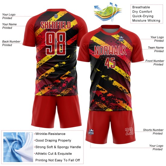 Aangepast rood goud-zwart spatten sublimatie voetbaltenue shirt Aangepast rood goud-zwart spatten sublimatie voetbaltenue shirt