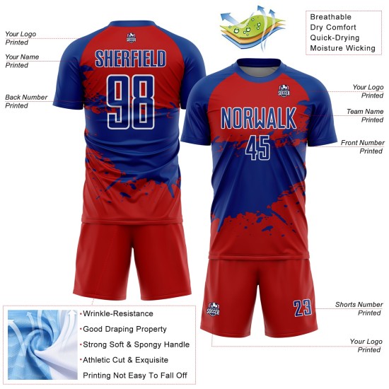 Aangepast rood koninklijk-wit sublimatie voetbaltenue shirt Aangepast rood koninklijk-wit sublimatie voetbaltenue shirt