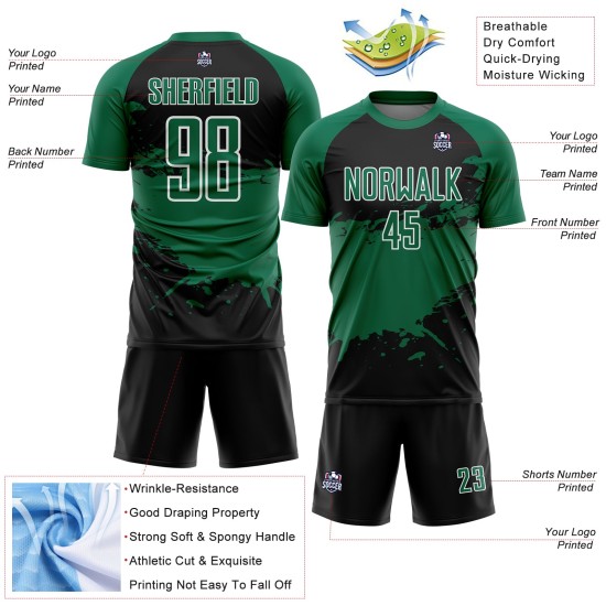 Aangepast zwart Kelly Groen-wit Splash Sublimatie Voetbaltenue Jersey Aangepast zwart Kelly Groen-wit Splash Sublimatie Voetbaltenue Jersey