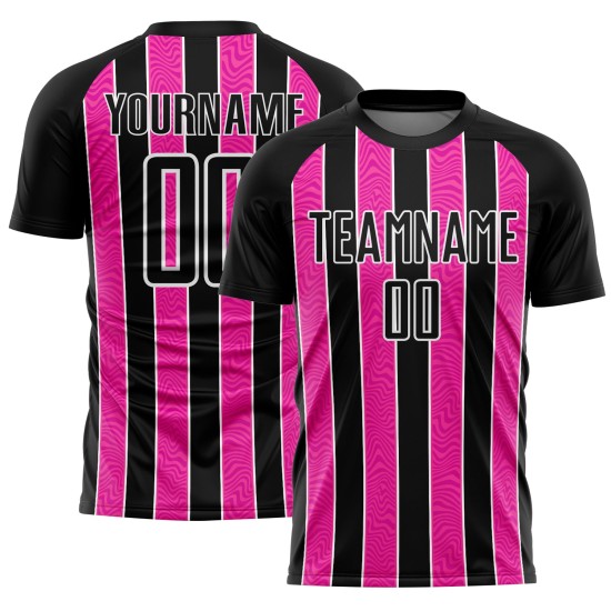 Aangepast zwart roze-wit gesublimeerd voetbaltenue-shirt Aangepast zwart roze-wit gesublimeerd voetbaltenue-shirt