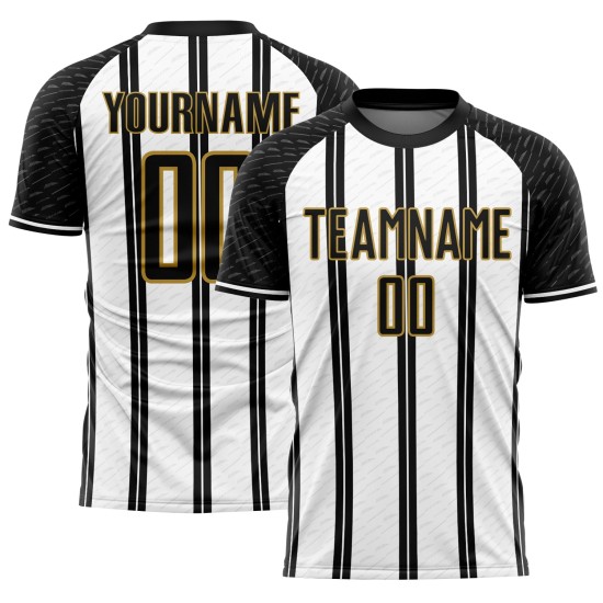 Aangepast zwart-wit-oudgouden lijn sublimatie voetbaltenue shirt Aangepast zwart-wit-oudgouden lijn sublimatie voetbaltenue shirt