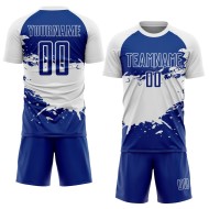 Aangepast Royal White Splash Sublimatie Voetbaltenue Jersey Aangepast Royal White Splash Sublimatie Voetbaltenue Jersey