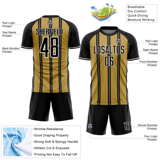 Op maat gemaakt zwart oud goud-wit lijn sublimatie voetbaltenue shirt Op maat gemaakt zwart oud goud-wit lijn sublimatie voetbaltenue shirt