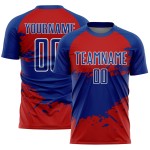 Aangepast rood koninklijk-wit sublimatie voetbaltenue shirt Aangepast rood koninklijk-wit sublimatie voetbaltenue shirt