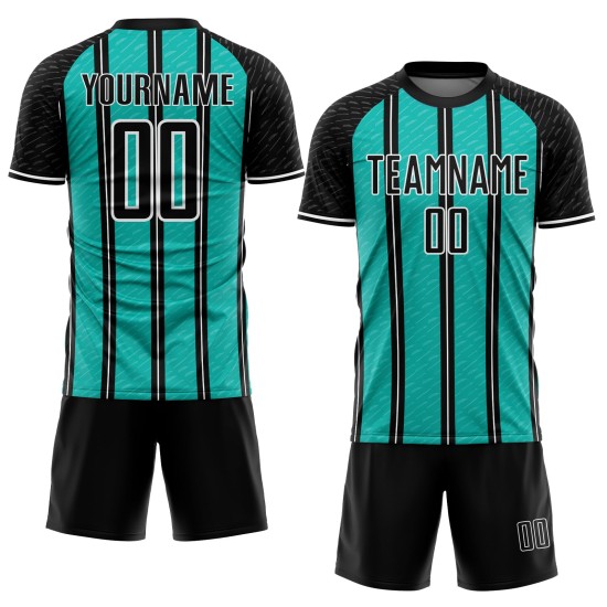 Aangepast zwart aqua-wit gesublimeerd voetbaltenue-shirt Aangepast zwart aqua-wit gesublimeerd voetbaltenue-shirt