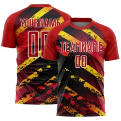 Aangepast rood goud-zwart spatten sublimatie voetbaltenue shirt
