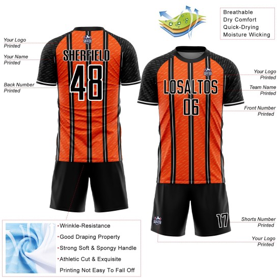 Aangepast zwart oranje-wit gesublimeerd voetbaltenue-shirt Aangepast zwart oranje-wit gesublimeerd voetbaltenue-shirt