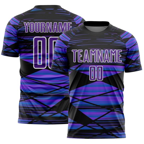 Aangepast zwart paars-wit gesublimeerd voetbaltenue-shirt Aangepast zwart paars-wit gesublimeerd voetbaltenue-shirt