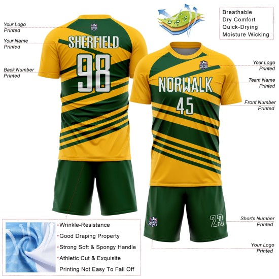 Aangepast goud-wit-groen sublimatie voetbaltenue-shirt Aangepast goud-wit-groen sublimatie voetbaltenue-shirt