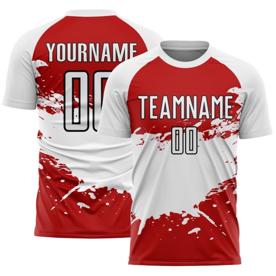 Aangepast rood wit-zwart sublimatie voetbaltenue shirt Aangepast rood wit-zwart sublimatie voetbaltenue shirt
