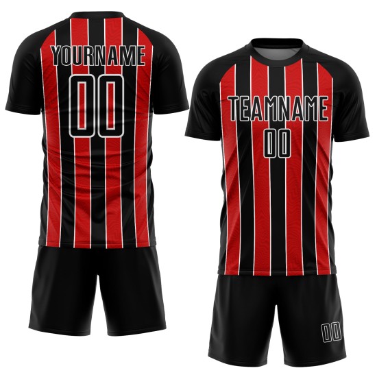 Aangepast zwart rood-wit gesublimeerd voetbaltenue-shirt Aangepast zwart rood-wit gesublimeerd voetbaltenue-shirt