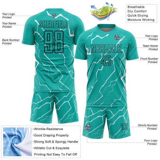Aangepast Aqua Zwart-Wit Bliksem Sublimatie Voetbaltenue Jersey Aangepast Aqua Zwart-Wit Bliksem Sublimatie Voetbaltenue Jersey