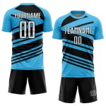 Aangepast hemelsblauw wit-zwart gesublimeerd voetbaltenue-shirt Aangepast hemelsblauw wit-zwart gesublimeerd voetbaltenue-shirt