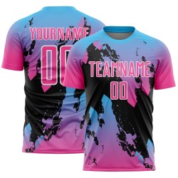 Aangepast roze hemelsblauw-zwart spatten sublimatie voetbaltenue shirt