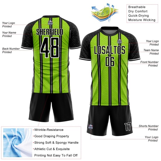 Aangepast zwart neon groen-wit gesublimeerd voetbaltenue-shirt Aangepast zwart neon groen-wit gesublimeerd voetbaltenue-shirt