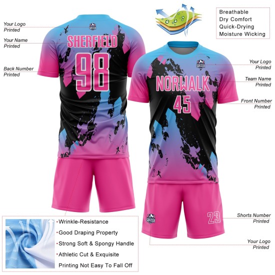Aangepast roze hemelsblauw-zwart spatten sublimatie voetbaltenue shirt Aangepast roze hemelsblauw-zwart spatten sublimatie voetbaltenue shirt