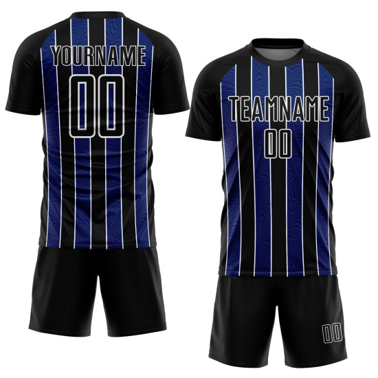 Aangepast zwart koninklijk-wit voetbaltenue sublimatieshirt Aangepast zwart koninklijk-wit voetbaltenue sublimatieshirt