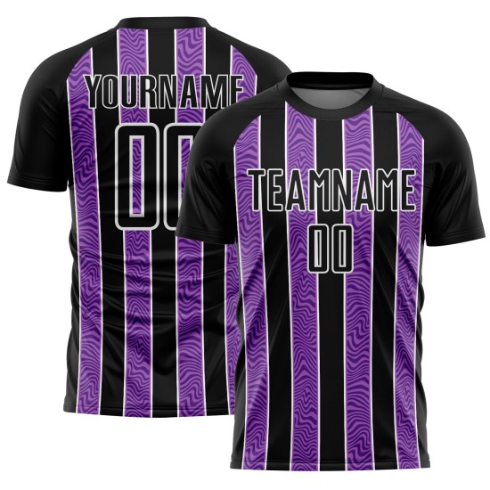 Aangepast zwart paars-wit gesublimeerd voetbaltenue-shirt Aangepast zwart paars-wit gesublimeerd voetbaltenue-shirt
