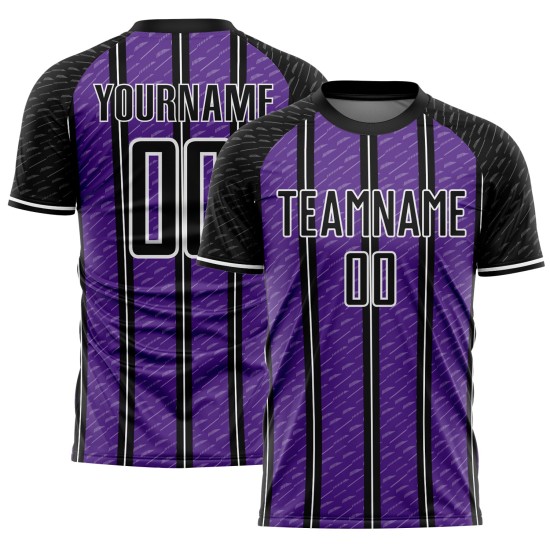 Aangepast zwart paars-wit gesublimeerd voetbaltenue-shirt Aangepast zwart paars-wit gesublimeerd voetbaltenue-shirt