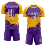 Aangepast paars goud-wit spatten sublimatie voetbaltenue shirt Aangepast paars goud-wit spatten sublimatie voetbaltenue shirt