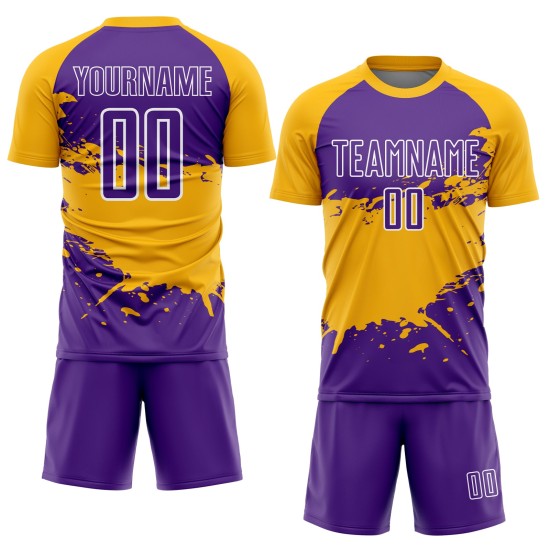 Aangepast paars goud-wit spatten sublimatie voetbaltenue shirt Aangepast paars goud-wit spatten sublimatie voetbaltenue shirt