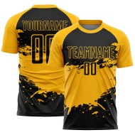 Aangepast zwart-gouden spatten sublimatie voetbaltenue-shirt