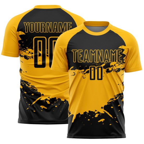 Aangepast zwart-gouden spatten sublimatie voetbaltenue-shirt Aangepast zwart-gouden spatten sublimatie voetbaltenue-shirt