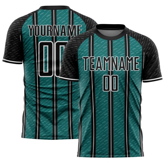 Aangepast zwart-blauw-wit gesublimeerd voetbaltenue-shirt Aangepast zwart-blauw-wit gesublimeerd voetbaltenue-shirt